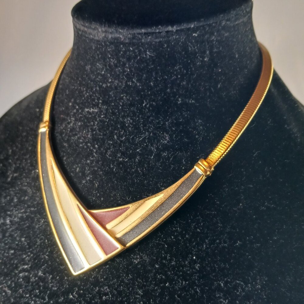 Vintage 80's Color Splash Modernist Style Gold Tone Choker Necklace